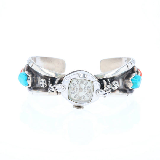 Sterling Silver Native American Turquoise and Coral Watch
