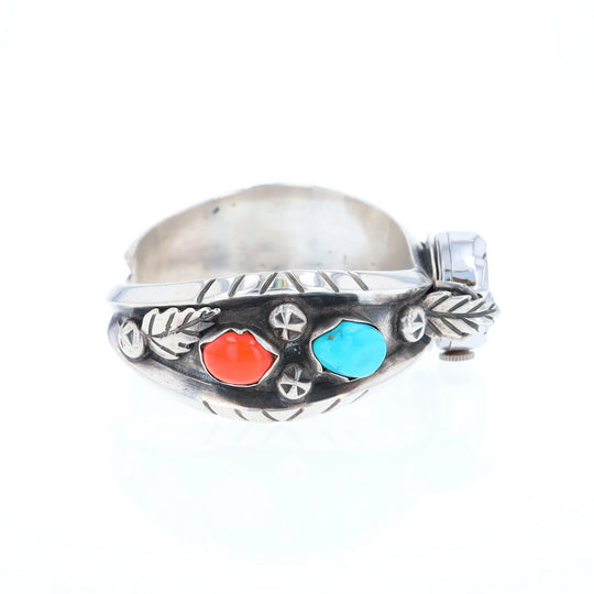 Sterling Silver Native American Turquoise and Coral Watch