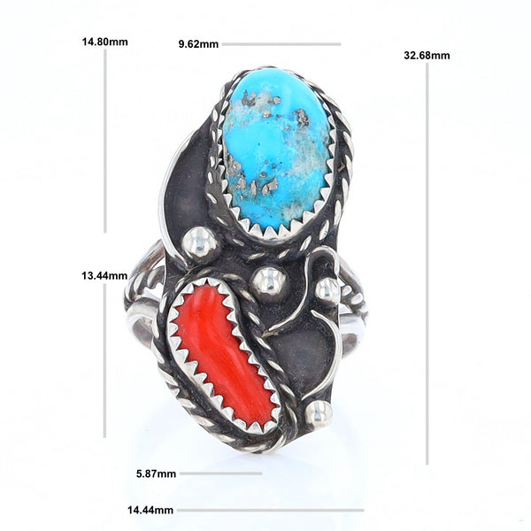 Freeform Turquoise and Coral Silver Rope Ring