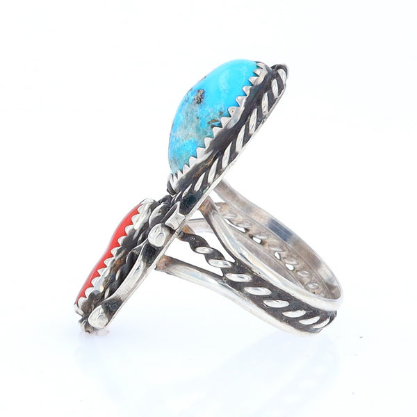 Freeform Turquoise and Coral Silver Rope Ring