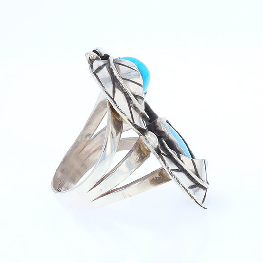 Freeform Turquoise Double Leaf Sterling Silver Ring