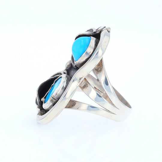 Freeform Turquoise Double Leaf Sterling Silver Ring