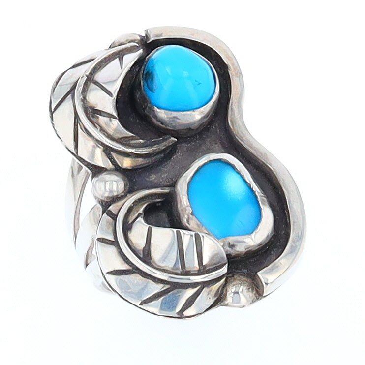 Freeform Turquoise Double Leaf Sterling Silver Ring