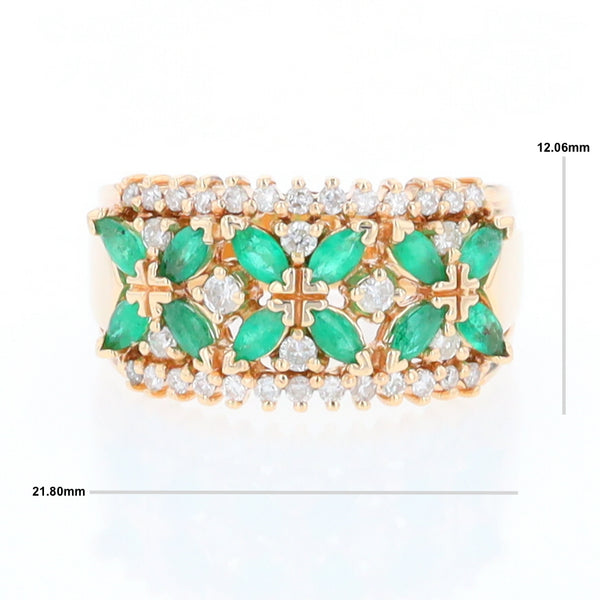14Kt Yellow Gold With Emerald & Diamond Clover Flower Design Ring