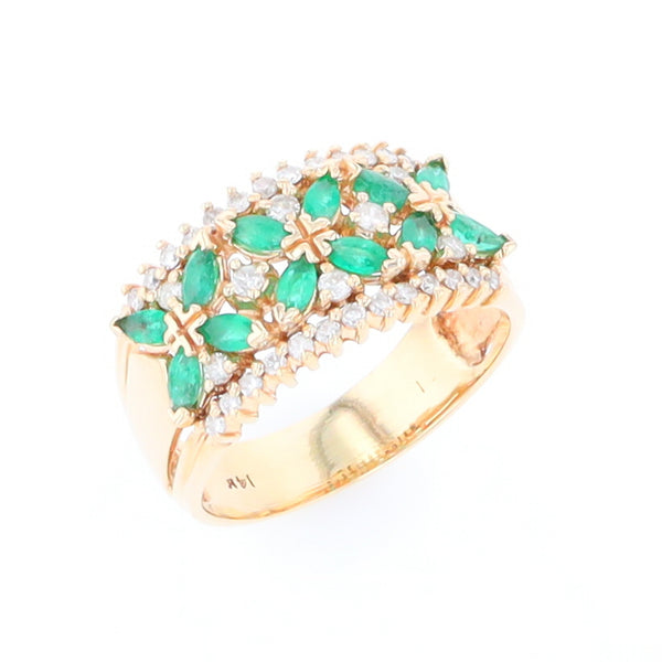 14Kt Yellow Gold With Emerald & Diamond Clover Flower Design Ring