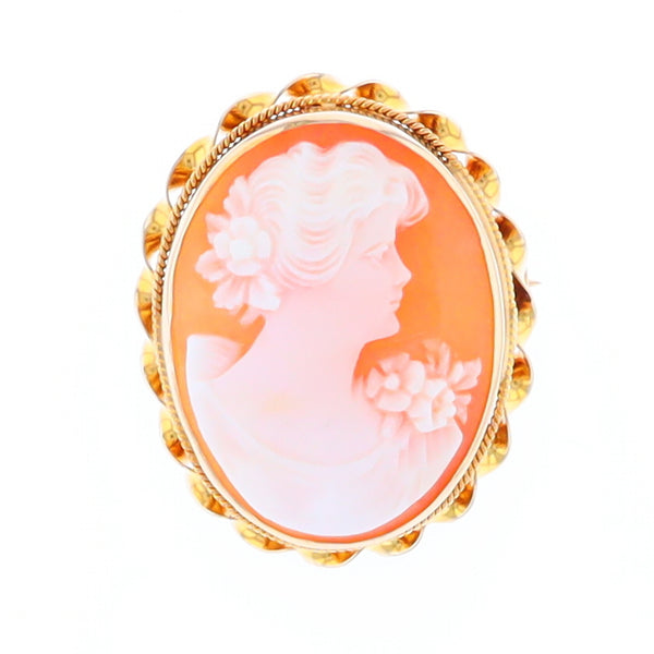Carved Shell Lady Cameo Gold Scalloped Bezel Pin