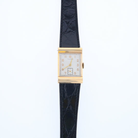Vintage Vulcain Gold Watch with White Rectangular Face and Genuine Crocodile Band