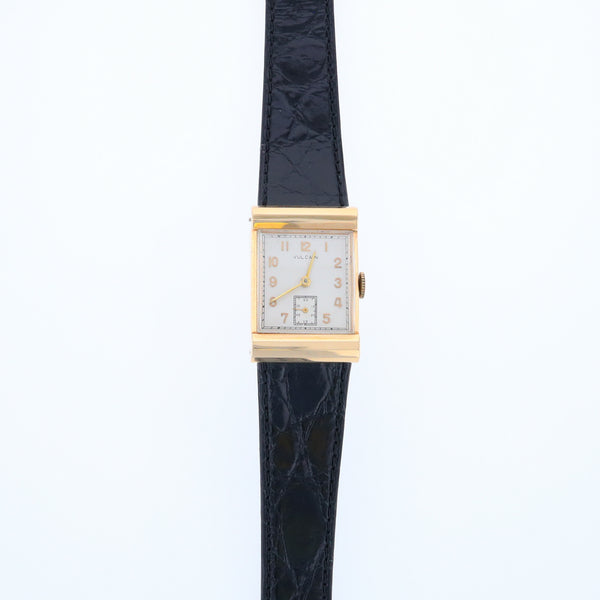 Vintage Vulcain Gold Watch with White Rectangular Face and Genuine Crocodile Band