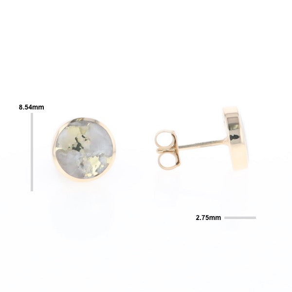 Gold Quartz Earrings 9mm Round Inlaid Studs - G2