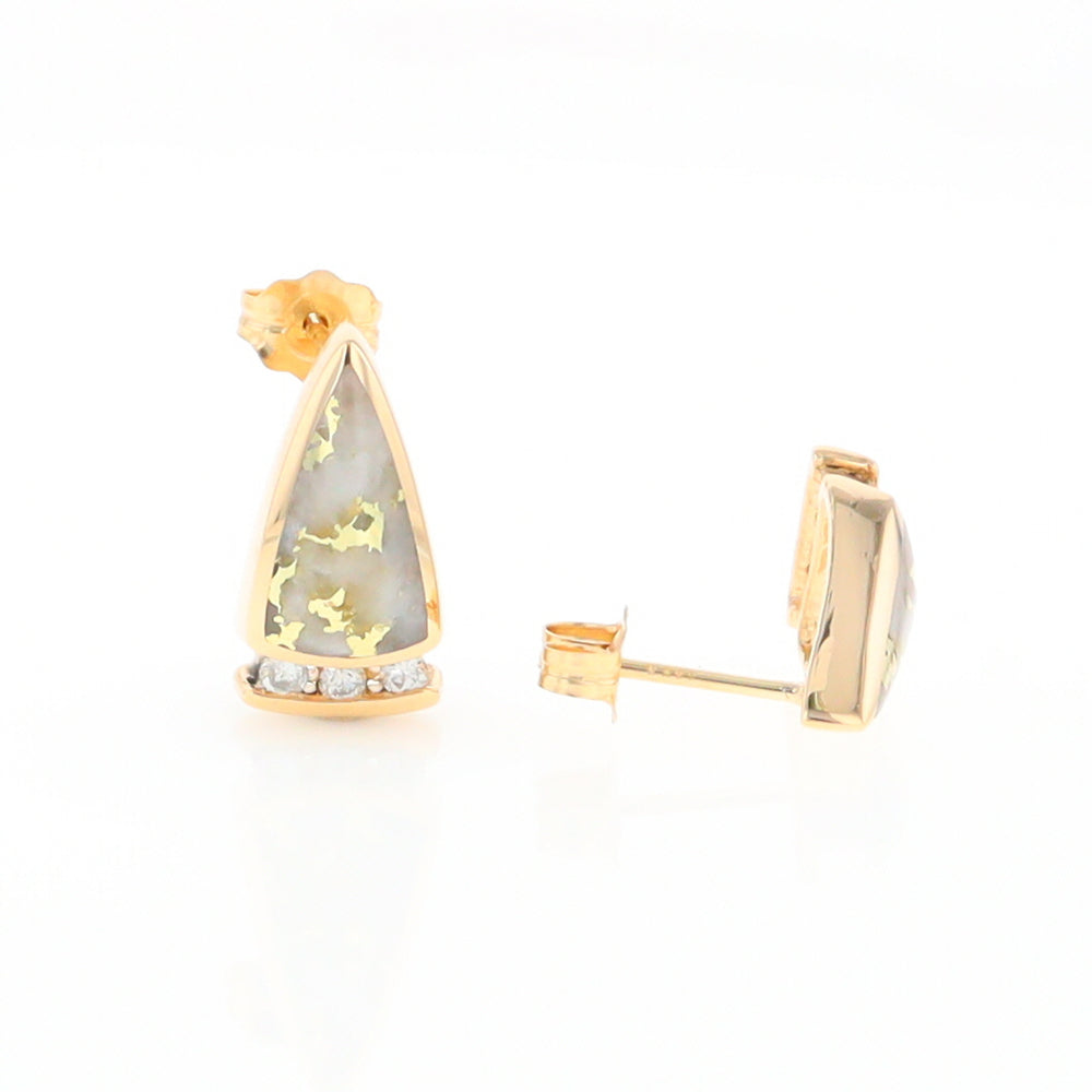 G1 Gold Quartz Earrings Triangle Shape Inlaid Design with .12ctw Diamonds