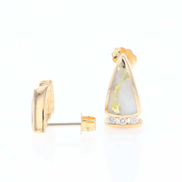 G1 Gold Quartz Earrings Triangle Shape Inlaid Design with .12ctw Diamonds