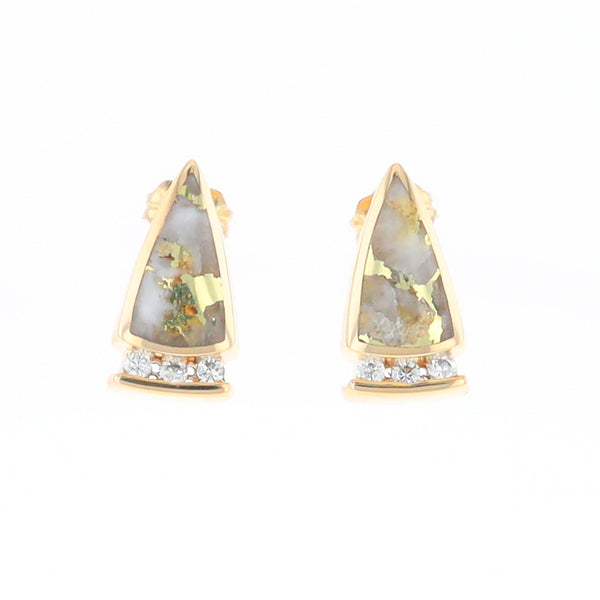 G2 Gold Quartz Earrings Triangle Shape Inlaid Design with .12ctw Diamonds