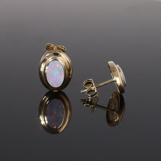 Opal Earrings Oval Inlaid Design Studs
