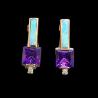 Opal Earrings Rectangle Inlaid Princess Cut Amethyst .06ctw Diamonds