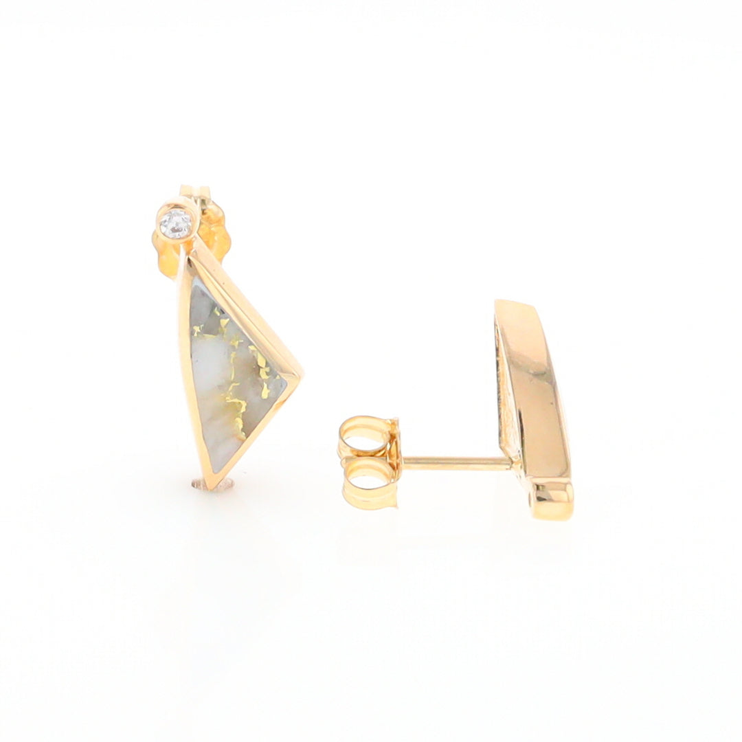 Gold Quartz Earrings Triangle Shape Inlaid with .04ct Round Diamonds - G2