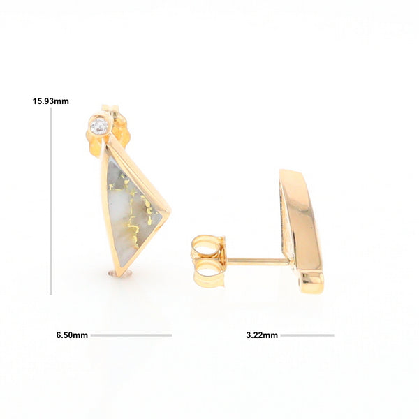 Gold Quartz Earrings Triangle Shape Inlaid with .04ct Round Diamonds - G2