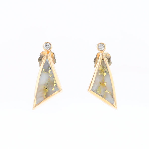 Gold Quartz Earrings Triangle Shape Inlaid with .04ct Round Diamonds - G2