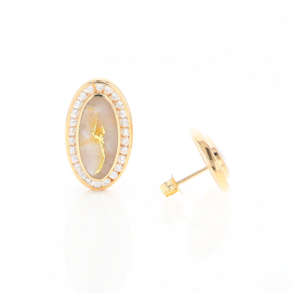 Gold Quartz Earrings Oval Inlaid Design .73ctw Round Diamonds Halo