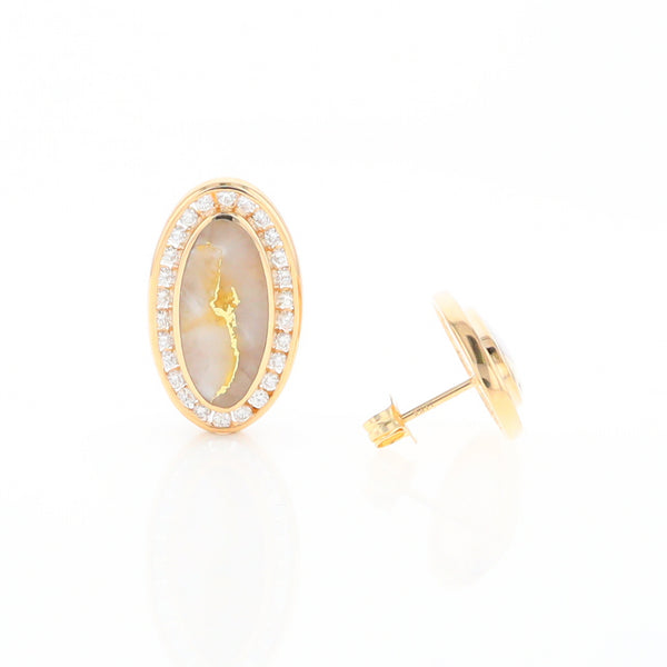 Gold Quartz Earrings Oval Inlaid Design .73ctw Round Diamonds Halo