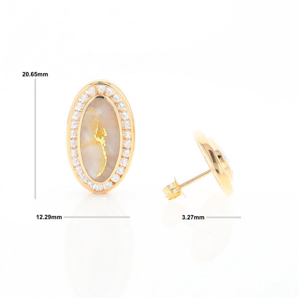 Gold Quartz Earrings Oval Inlaid Design .73ctw Round Diamonds Halo