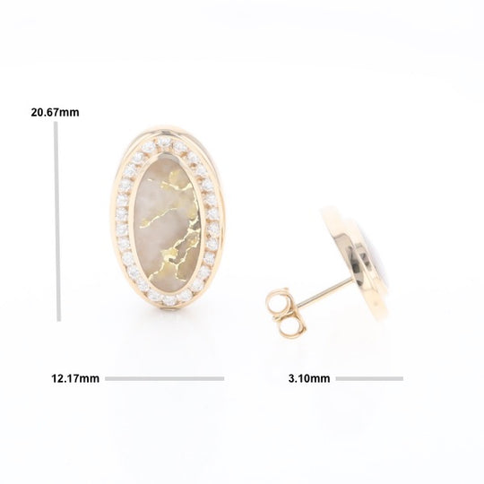 Gold Quartz Earrings Oval Inlaid Design .73ctw Round Diamonds Halo G2
