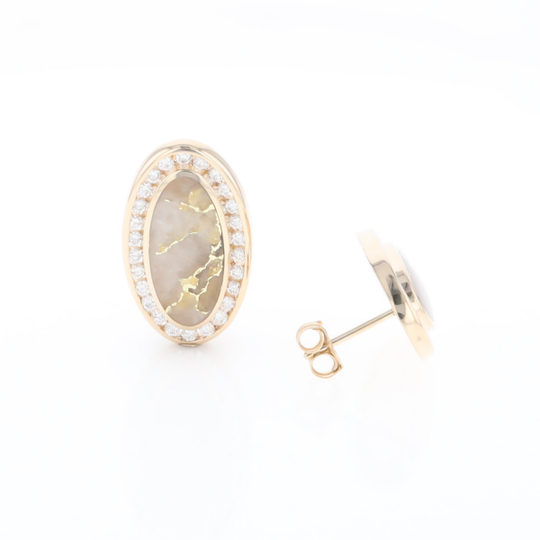 Gold Quartz Earrings Oval Inlaid Design .73ctw Round Diamonds Halo G2