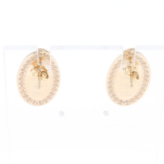 Gold Quartz Earrings Oval Inlaid Design .73ctw Round Diamonds Halo G2