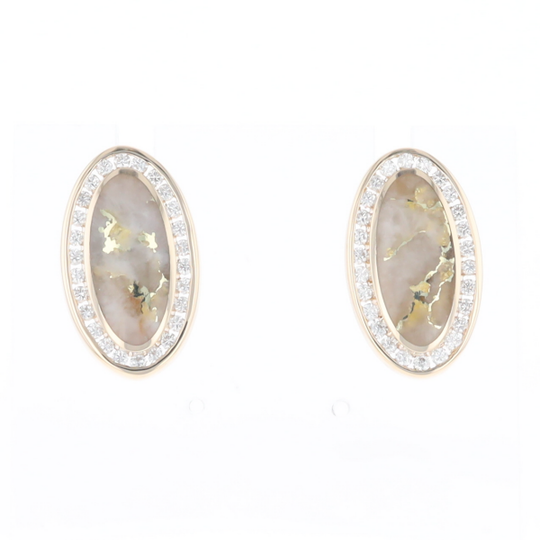 Gold Quartz Earrings Oval Inlaid Design .73ctw Round Diamonds Halo G2