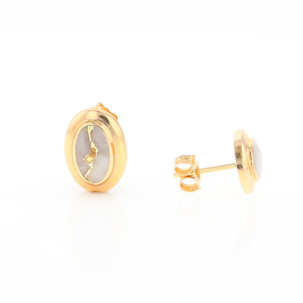 Gold Quartz Earrings Oval Inlaid Design Studs G2