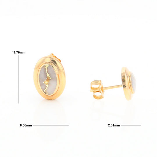 Gold Quartz Earrings Oval Inlaid Design Studs G2