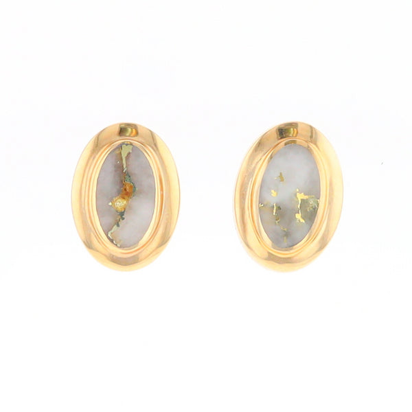 Gold Quartz Earrings Oval Inlaid Design Studs G2