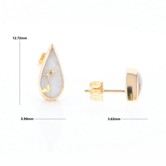 Gold Quartz Earrings Tear Drop Inlaid Studs