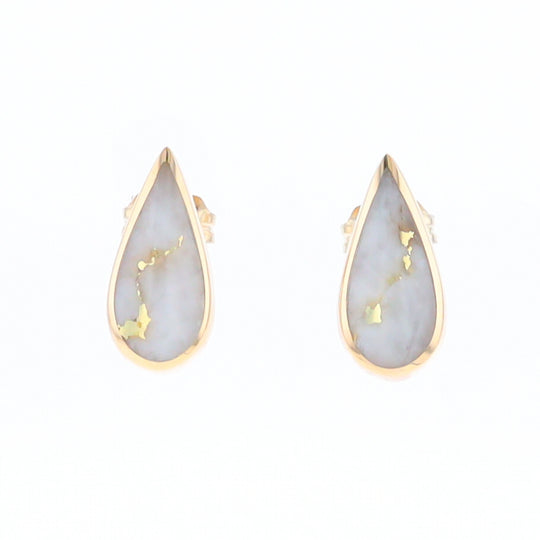 Gold Quartz Earrings Tear Drop Inlaid Studs