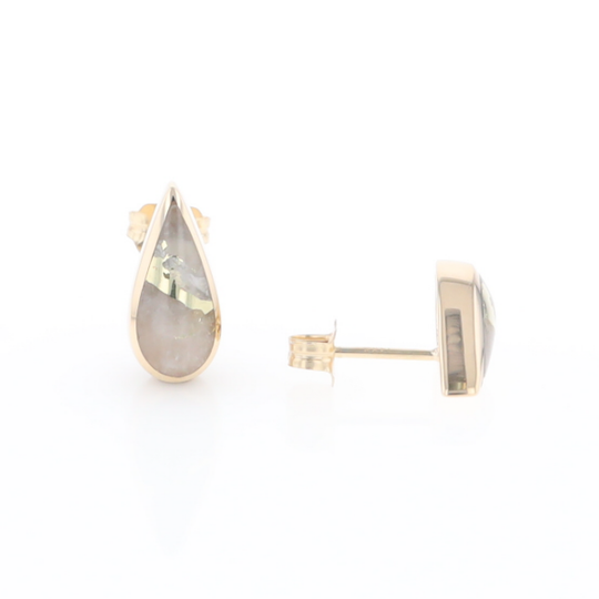 Gold Quartz Earrings Tear Drop Inlaid Studs