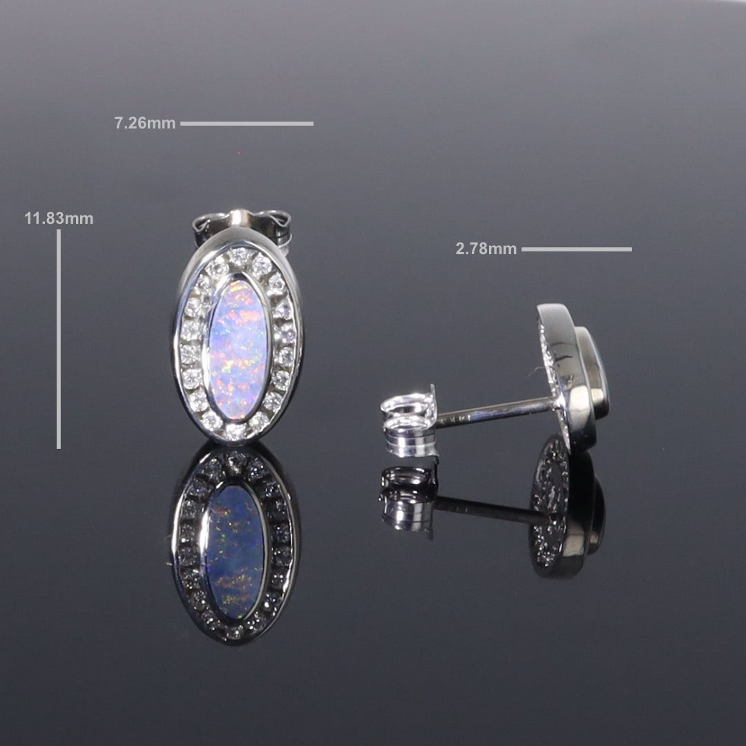 Opal Earrings Oval Inlaid with .25ctw Round Diamond Halo Studs
