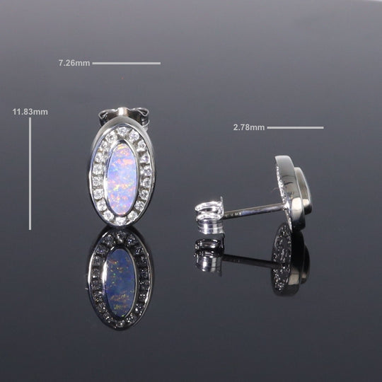 Opal Earrings Oval Inlaid with .25ctw Round Diamond Halo Studs