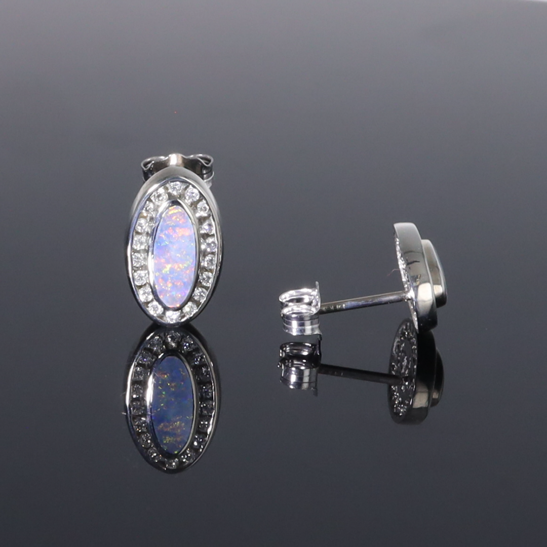 Opal Earrings Oval Inlaid with .25ctw Round Diamond Halo Studs