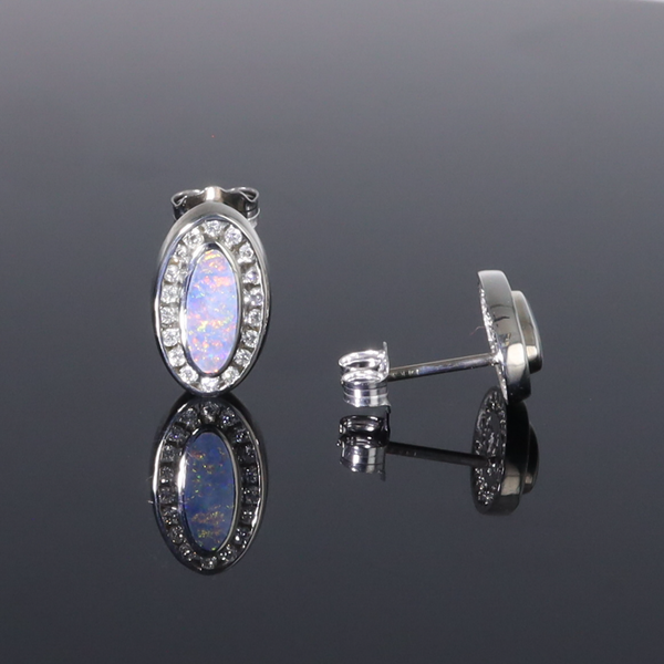 Opal Earrings Oval Inlaid with .25ctw Round Diamond Halo Studs