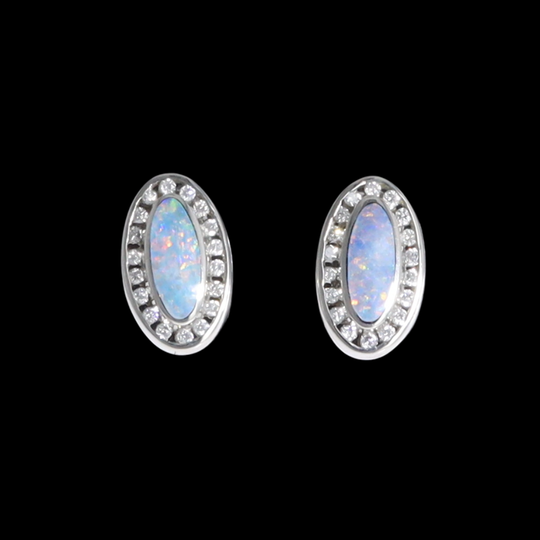 Opal Earrings Oval Inlaid with .25ctw Round Diamond Halo Studs