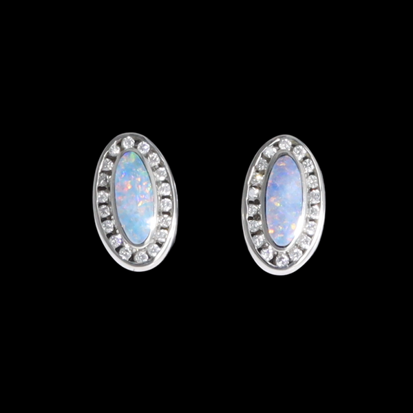 Opal Earrings Oval Inlaid with .25ctw Round Diamond Halo Studs