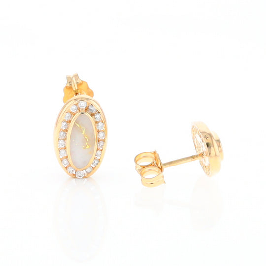 Gold Quartz Earrings Oval Inlaid with .25ctw Round Diamonds Halo