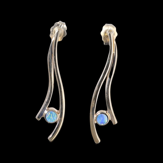 Opal Earrings Round Inlaid Double Curved Bar Design Studs