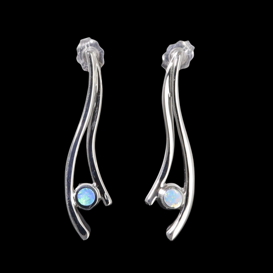 Opal Earrings Round Inlaid Double Curved Bar Design Studs