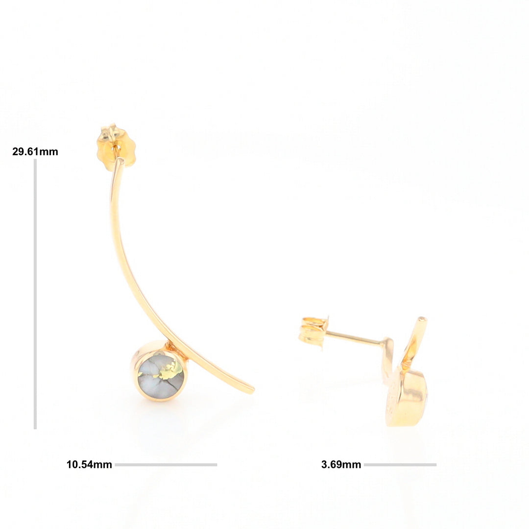 Gold Quartz Earrings Round Inlaid Curved Bar Design