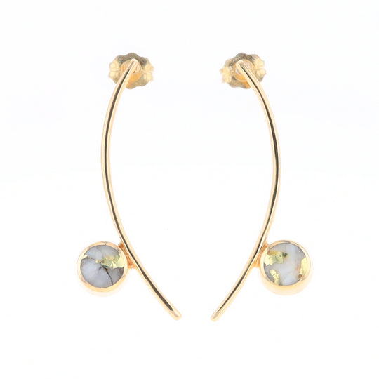 Gold Quartz Earrings Round Inlaid Curved Bar Design