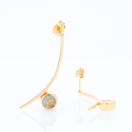 Gold Quartz Earrings Round Inlaid Curved Bar Design