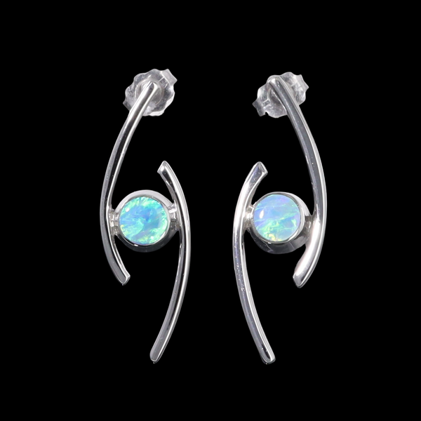 Opal Earrings Round Inlaid Double Curved Bar Design Studs