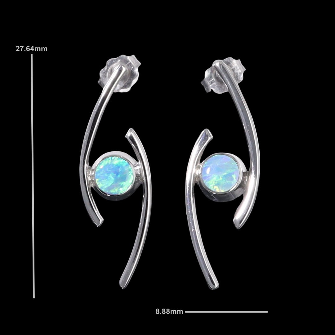 Opal Earrings Round Inlaid Double Curved Bar Design Studs