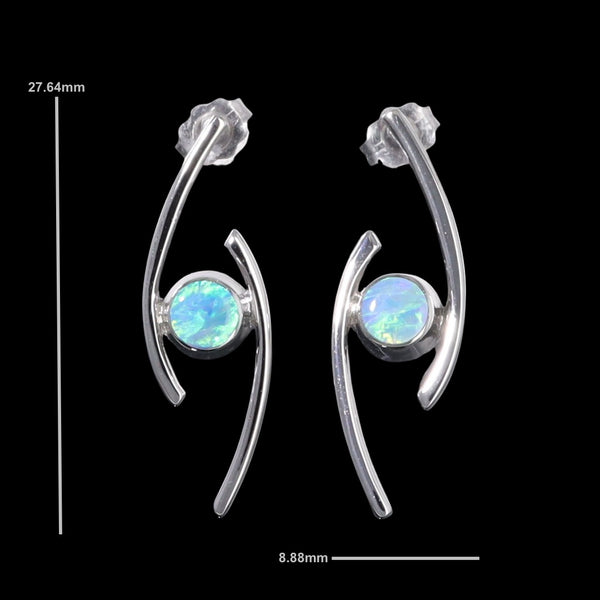 Opal Earrings Round Inlaid Double Curved Bar Design Studs