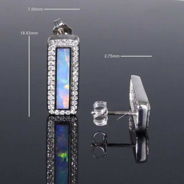 Opal Earrings Rectangle Inlaid with .50ctw Round Diamond Halo Studs